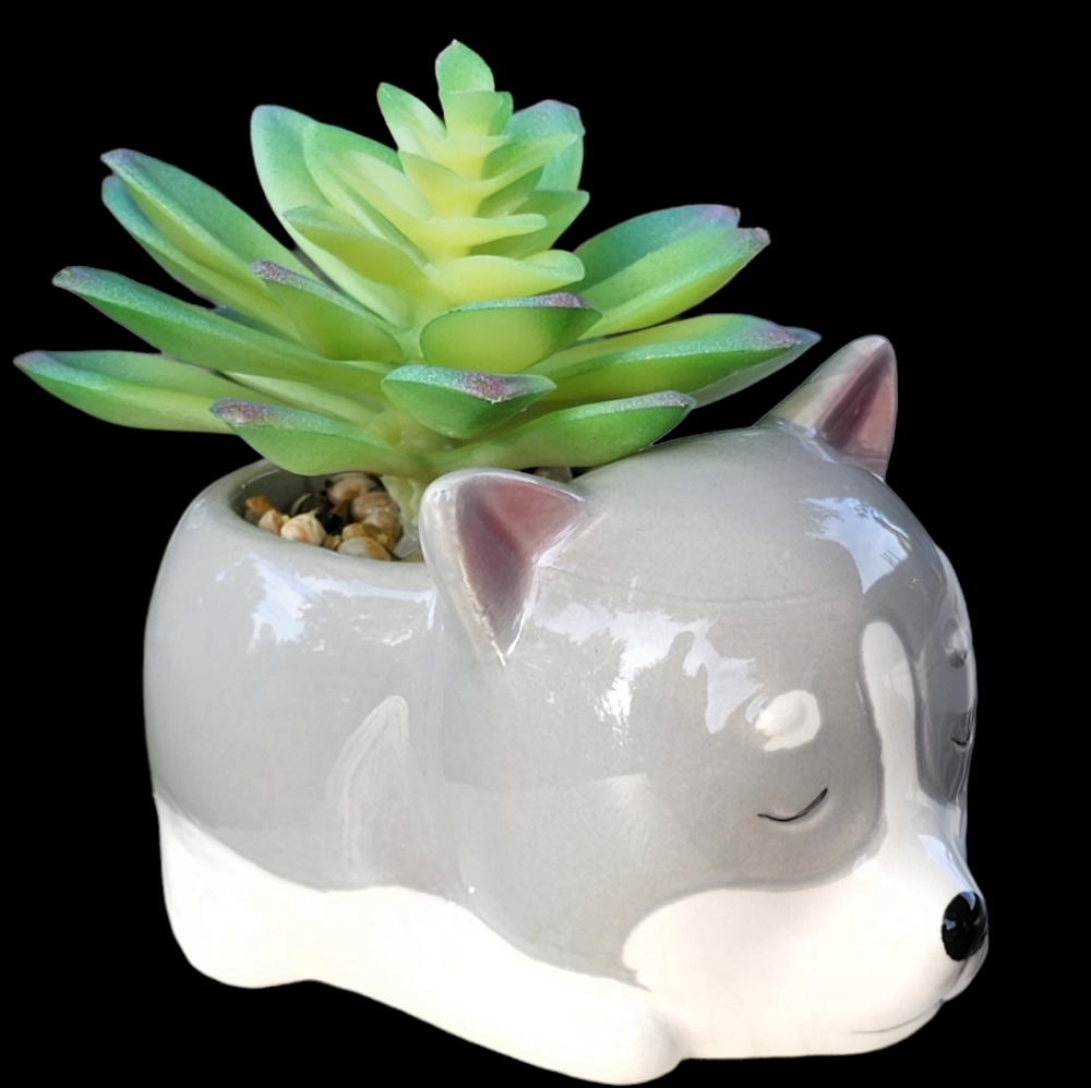 Flora Bunda Gray Puppy Ceramic Planter With Artificial Succulent Flower - Picture 2 of 10